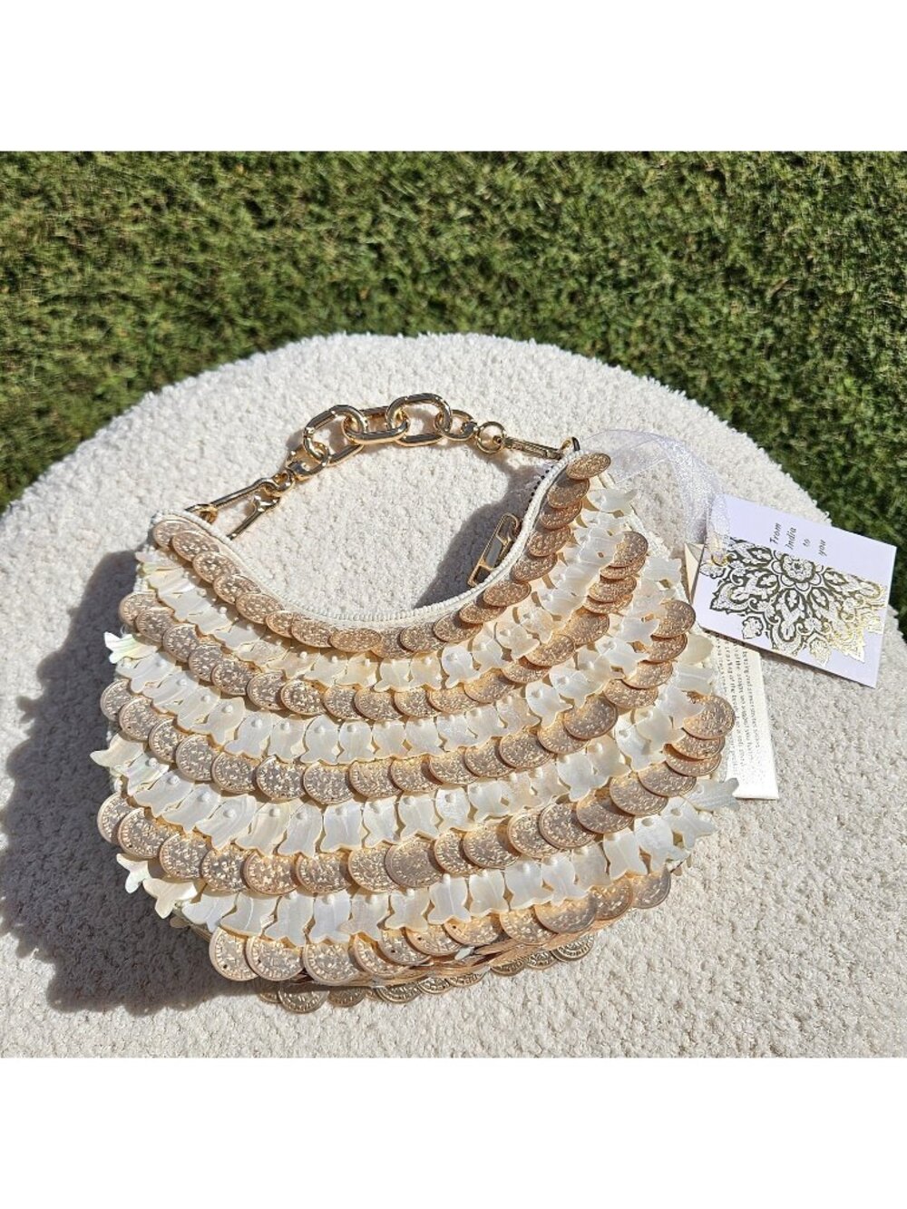 India Beaded Bag Pearl Fish Gold Coins Chunky Chain Nautical Resort Purse Beach